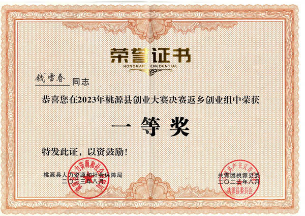創(chuàng)新創(chuàng)業(yè)大賽一等獎(jiǎng)榮譽(yù)證書(shū)